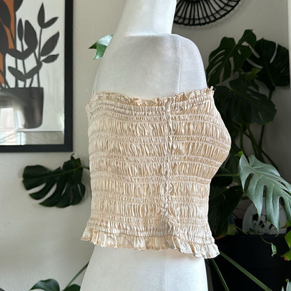 NWOT Free People Be Right Back Tube Smocked Ruffled Cream Strapless Shiny Chic - Picture 7 of 14